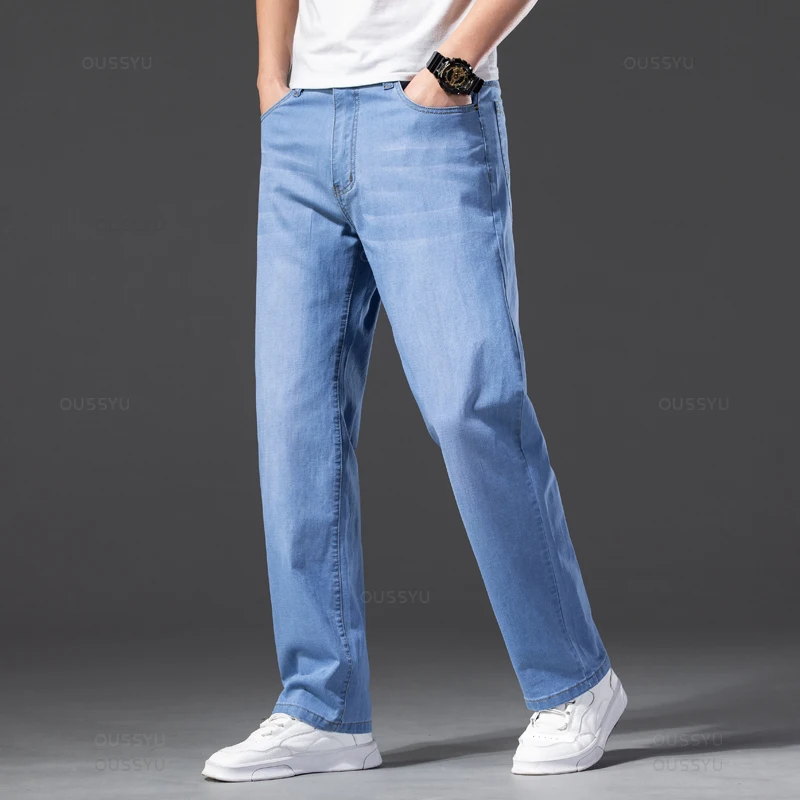 Men Jeans Denim Trousers Lyocell Pants Classic Summer Straight Stretch Plus Size 40 42 44 46