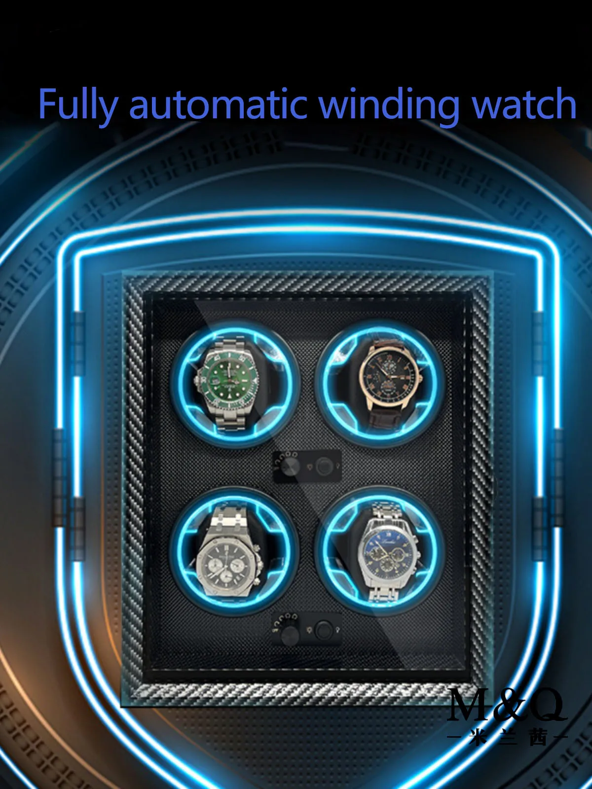 Automatic 4-Slot Watch Winder Box with Blue LED Light, Black Walnut, Red and Carbon Fib... - SKU LAWW1128 - UGI Packaging