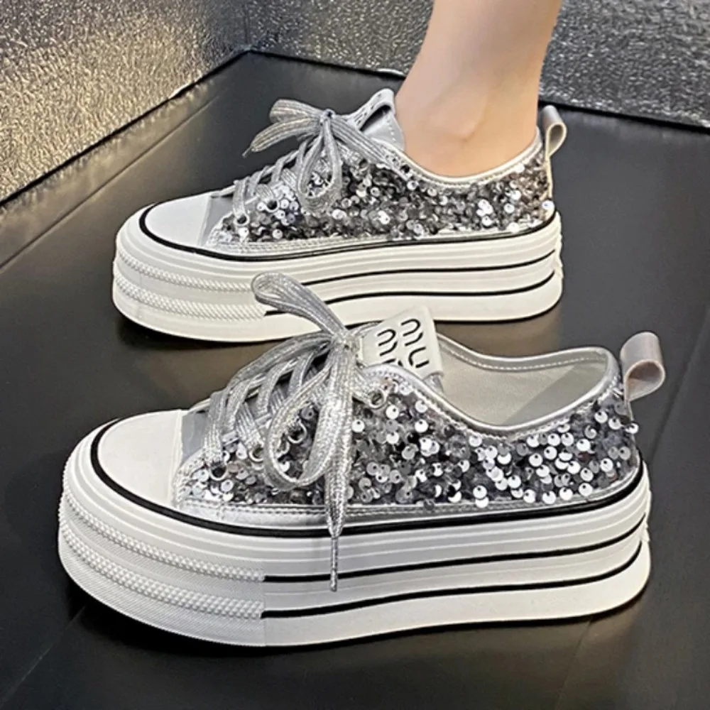 Women Canvas Shoes 2024 Spring/Summer New Student Sequins With Thick Bottom Flats Vulcanized Shoes Casual Running Sneakers