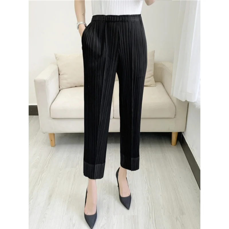 DUOSHA Pleated Pencil Ankle-length Pants Women Elastic Waist Solid Color Pocket Decoration 2024 Summer Female Fashion Trousers plaid ankle length big hem autumn winter women s clothing bright decoration knitting empire folds a line skirt elegant fashion