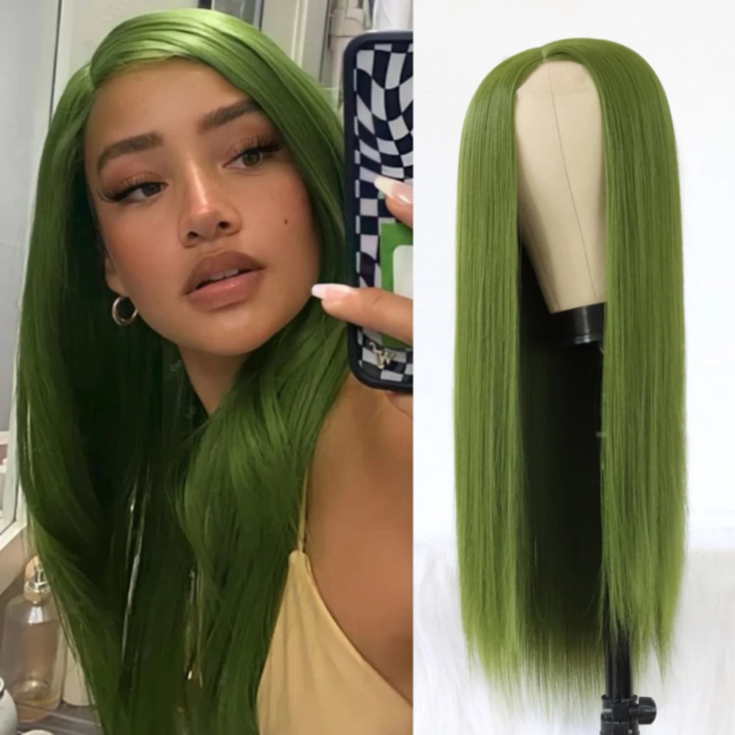 Stunning Olive Green Long Straight Synthetic Hair Wig 24 Inch Matcha Green T Part Lace Front Wig Heat Resistant Synthetic Fiber