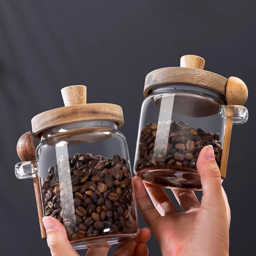 Airtight Glass Food Storage Containers with Wooden Lids - Sealed Jars for Sugar Coffee Candy