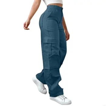 77HE Multi Pocket Women's Breathable Cotton Cargo Pants High Waist Casual Work Bottoms Long Trousers for Daily Hiking