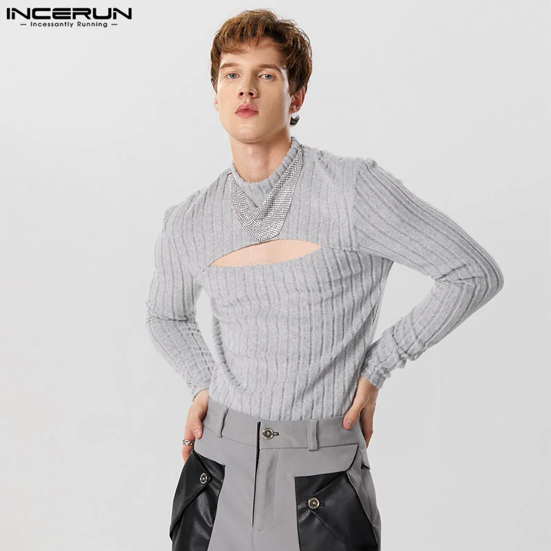 

Sexy Style New Men's Jumpsuits Hollow Texture Knitted Bodysuits Vertical Stripe Triangle Long Sleeve Rompers S-5XL INCERUN 2023