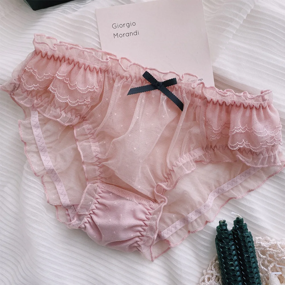 Bragas de encaje de estilo dulce para mujer, ropa interior transparente sin costuras con volantes y lazo, lencería de cintura media