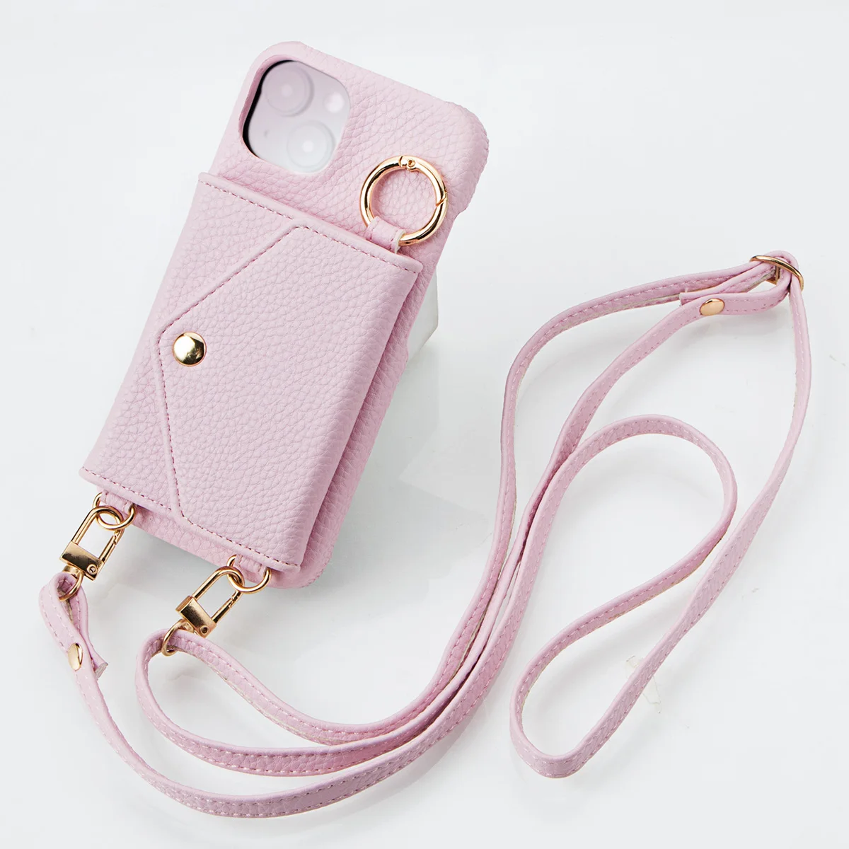 Elegant Leather Phone Case with Anti-Drop Protection, Long Lanyard, and Built-In Mirror