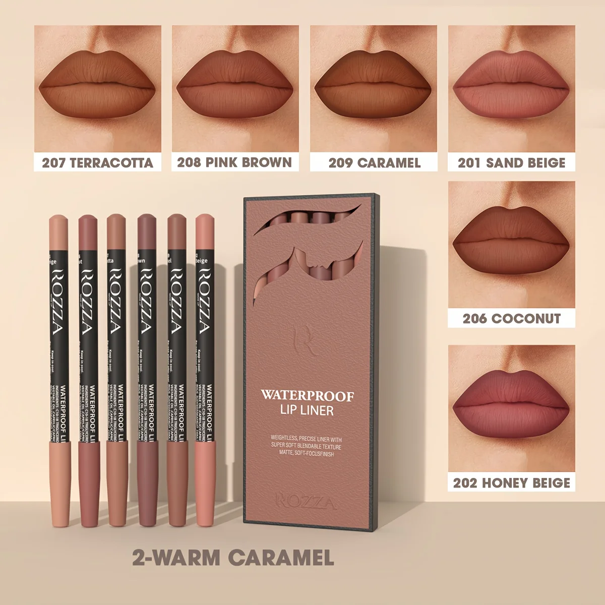 6pcs ROZZA Nude Lip Liner Set - Water-Resistant, Matte Finish Crayon Lip Pencils Non-Smudging & Easy-to-Apply 6