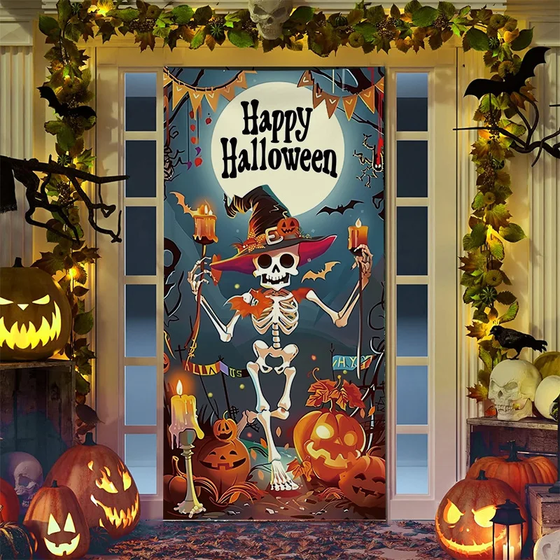 Halloween Stickers Door Wallpaper Stickers Halloween Door Cover Cartoon Anime Wizard Skeleton Frame Pumpkin Head Atmosphere Door Sticker Background Cloth