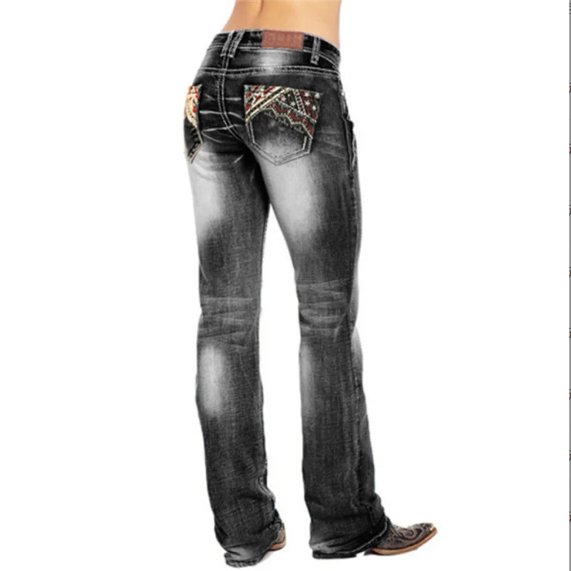 Casual High Waist Straight Pants New Hot Sale Women's Washed Flag Element Embroidered Jeans Pants Black Dark Blue Light Blue