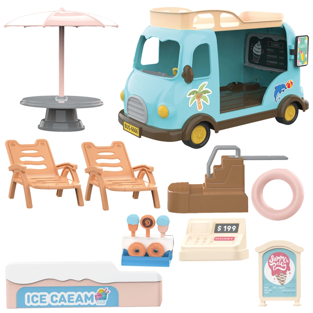 Beach Bus 1/12 Forest Family Bunny Ice Cream Sales Vehicle Dollhouse Miniature Furniture For Girls Play House Toy Birthday Gifts 6