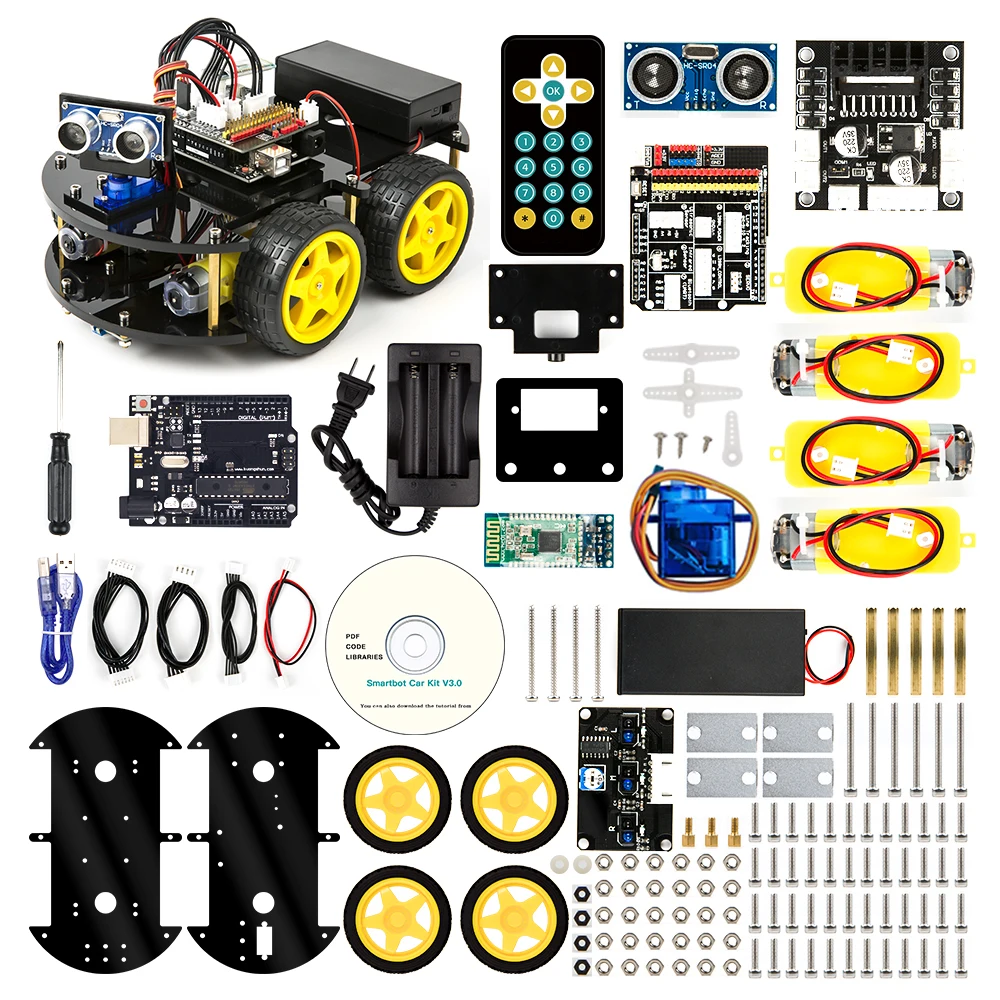 Kit Robot Voiture 4WD Compatible Arduino assemblé avec capteur ultrason à l'avant et batterie rechargeable visible.