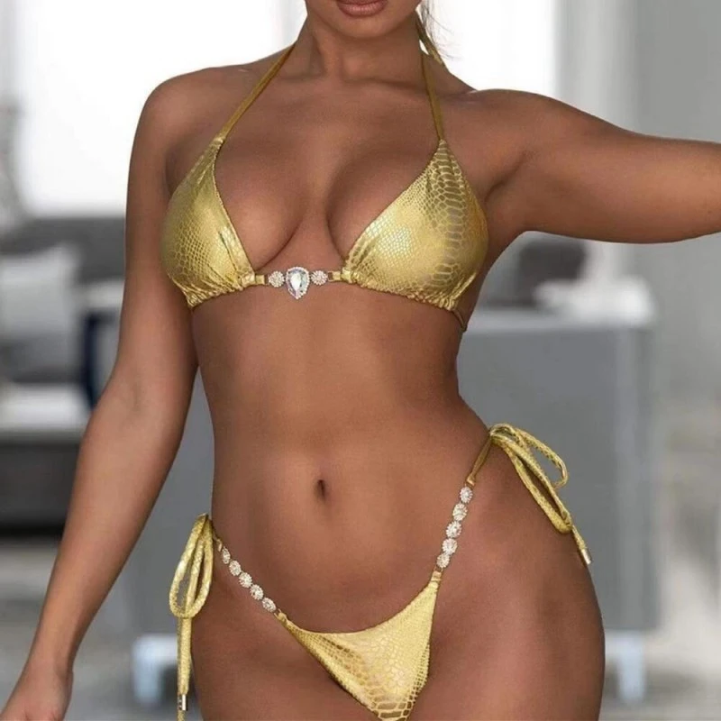 

Shiny Snakeprint Bikini Rhinestone Swimsuit Women Crystal Swimwear Mini Brazilian Biquini Sexy Bathing Suit 2023 Micro Swimsuit