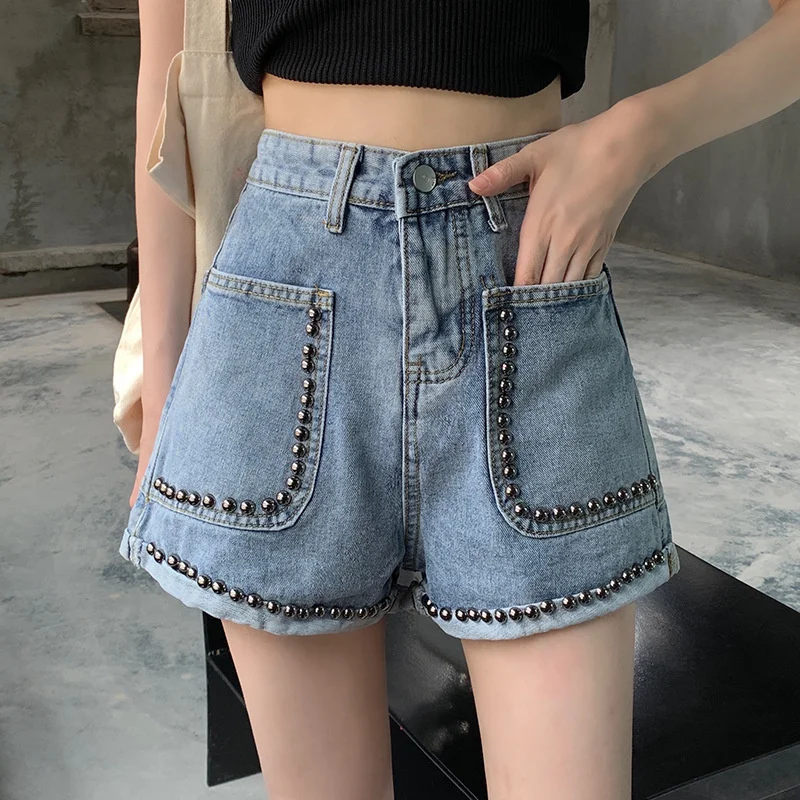 Rivet Denim Shorts for Women High Waist Solid Female Blue Jean Shorts Skirt Summer Fashion Casual Ladies Shorts rivet denim shorts for women high waist solid female blue jean shorts skirt summer fashion casual ladies shorts