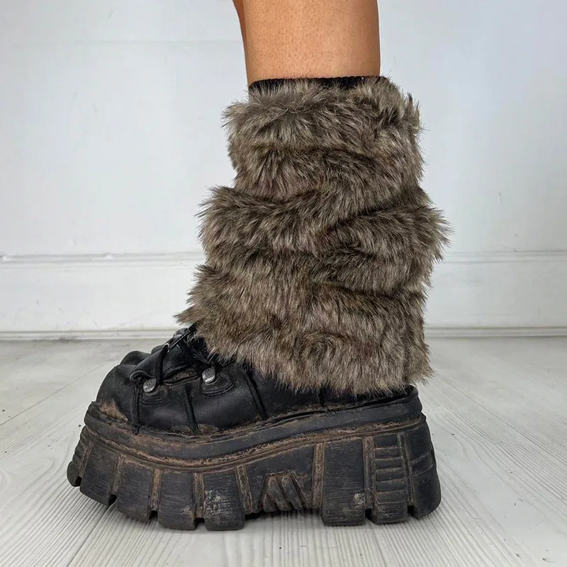 Vintage Faux Fur Leg Warmers Furry Boots Cover Socks Winter Thickened Plush Socks Hot Girl Jk Punk Hiphop Cosplay Accessories