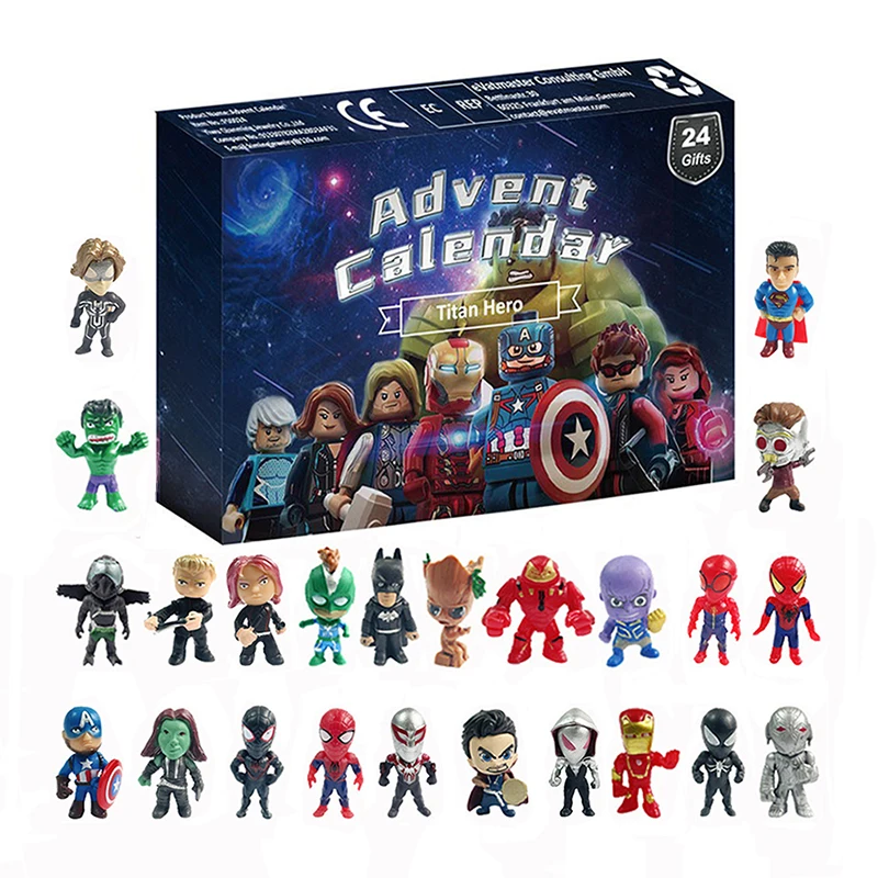 24Pcs Avengers Anime Figures Marvel Calendario Dell'Avvento Spider-Man Iron Man Hulk Kawaii Disney Present Kids Christmas Gift Box Toys