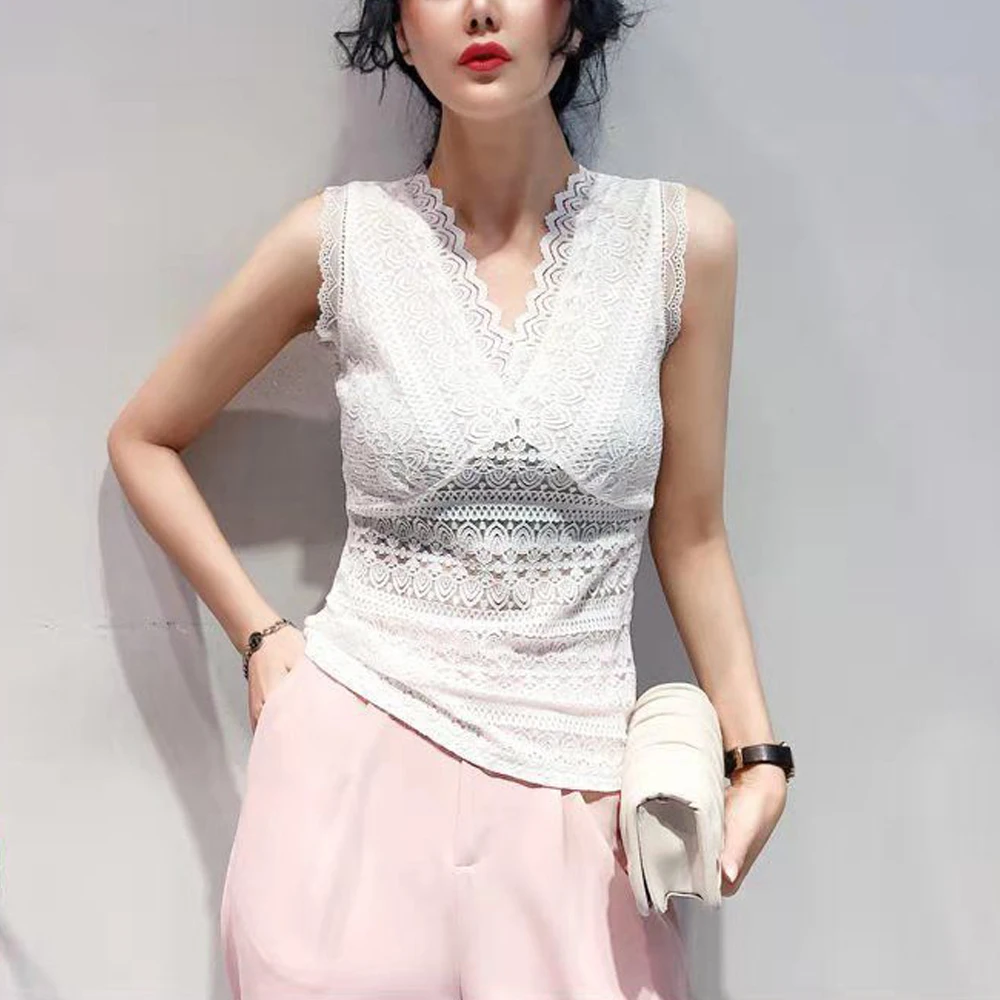 

Fashion Ladies Lace Jacquard Sleeveless Casual Women Vintage T-Shirt Loose Size S-2XL Floral Vest Camisole Halter Top Shirt