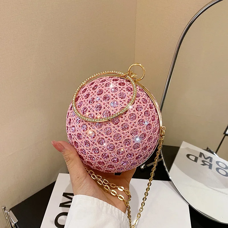 Sparkly Round Evening Tote Bags for Women Shiny Diamonds Handbag Unusual Chain Party Purse Fashion Luxury Shoulder Bag Ladies