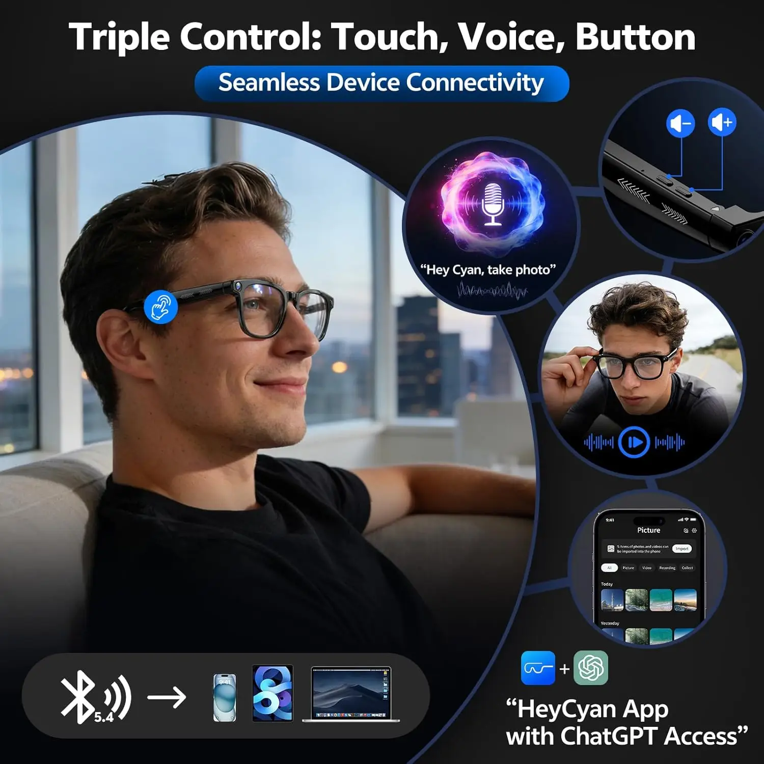 Occhiali Smart AI 2026 per Uomo Donna con Fotocamera 8MP 4K HD, Traduzione in oltre 150 Lingue, Funzione AI Wake-up, Audio Bluetooth e Funzione Occhiali da Sole - immagine 4