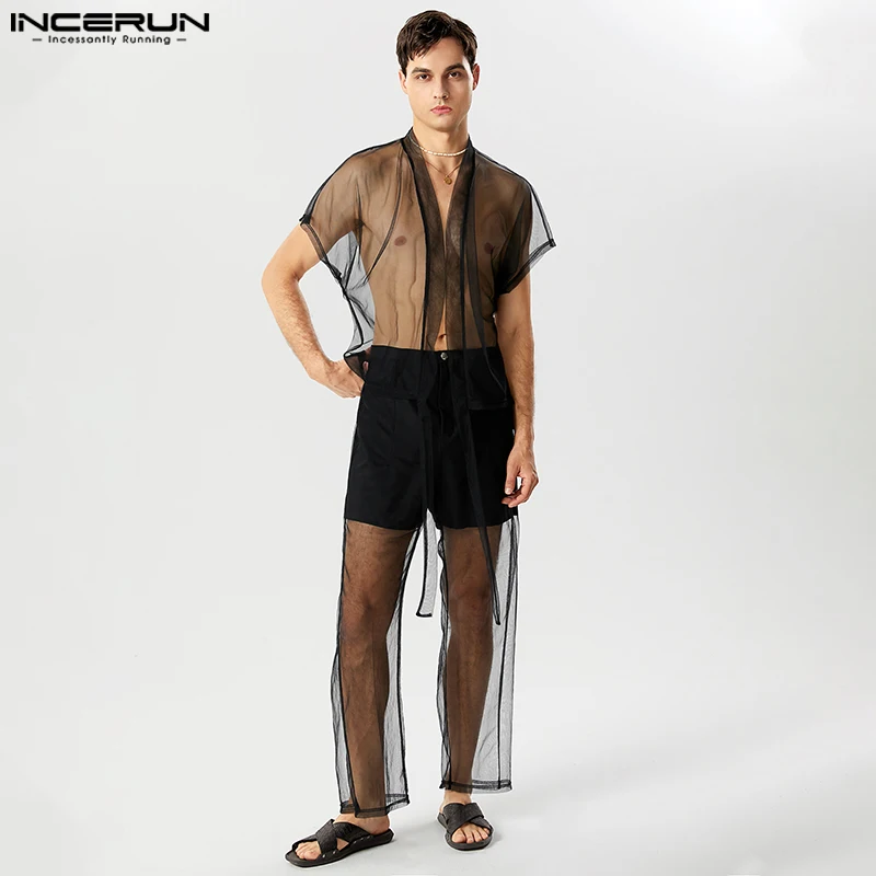 

INCERUN Men Sets Mesh Patchwork Transparent Open Stitch Short Sleeve Cardigan & Pants 2PCS Streetwear 2023 Loose Men Suits S-5XL