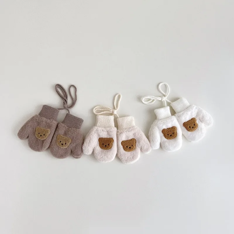 Baby Cute Cartoon Windproof Finger Gloves Winter Padded and Thickened Gloves Infant Warm Hanging Neck Mittens