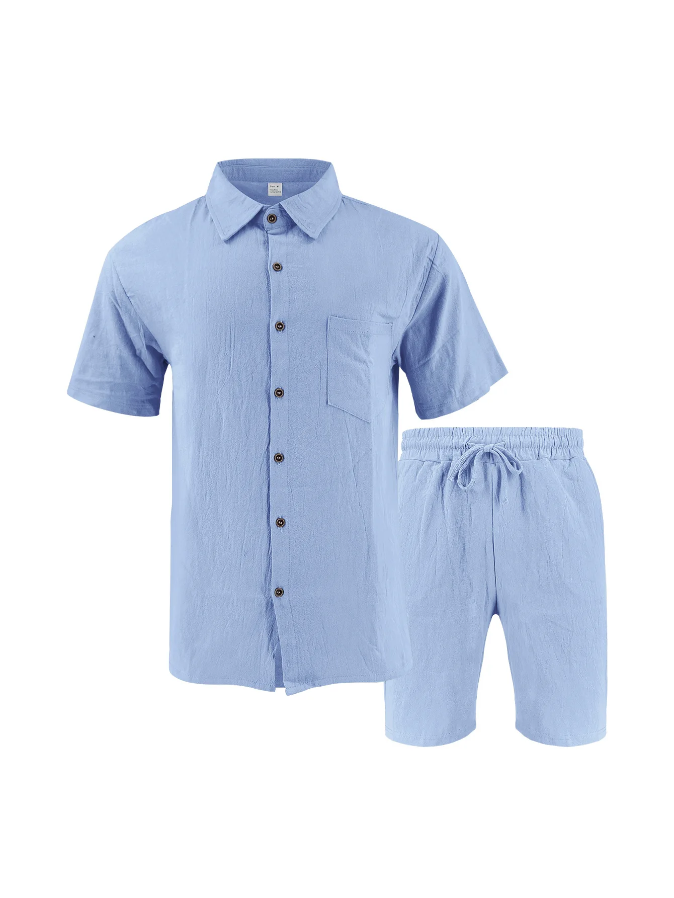 Summer Men's Solid-Color Linen Beach Suit, Lapel Button Short-Sleeved Shirt Paired With Drawstring Shorts, Casual 2-Piece Set