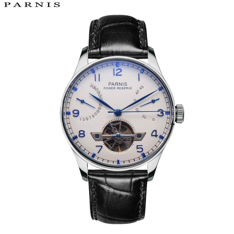 

New Parnis 43mm White Skeleton Dial Automatic Mechanical Men's Watch Leather Strap Calendar Tourbillon Men Watches reloj hombre