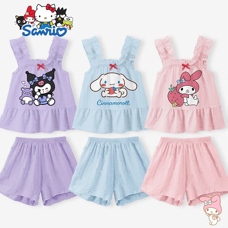 

Sanrio Kuromi Children Pajama Set Kawaii Cinnamoroll My Melody Cartoon Anime Cute Suspenders Home Clothing Toys Girls Gifts