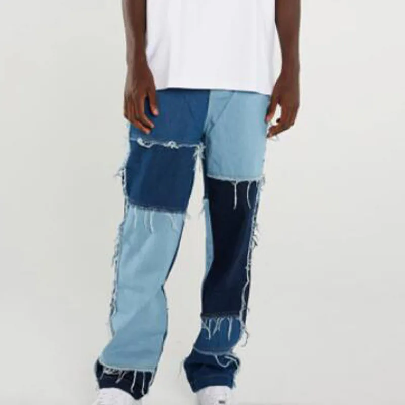 

Hip Hop Jeans Men Patchwork Fringed Mid-rise Straight-leg Flared Pants Vintage Casual Baggy Trousers Denim Pants Blue Streetwear