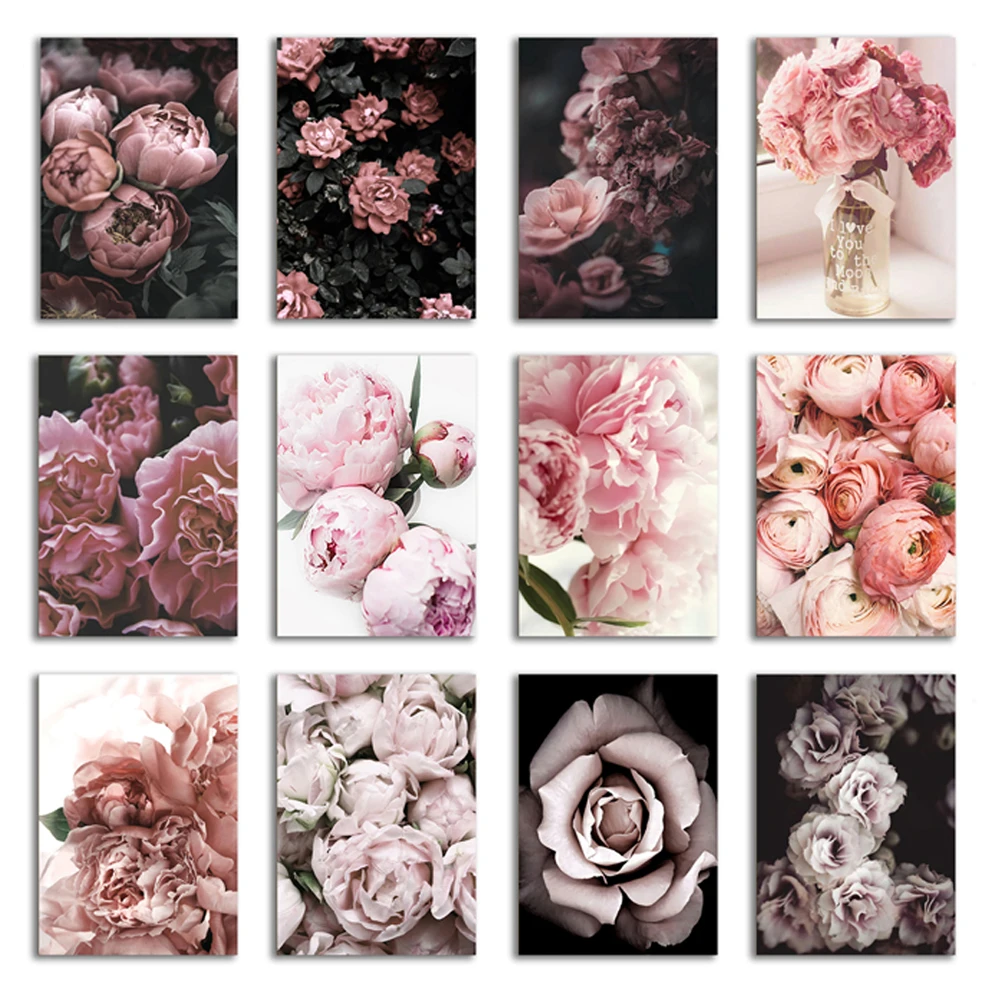 Peony Flowers Poster Canvas Painting Dark Pink Flower Wall Art Print Pictures Living Room Girl Room Decoration