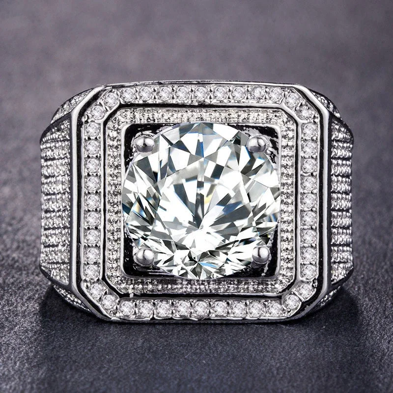 Milangirl Hip Hop Rhinestone Men Bling Square Ring Pave Setting CZ Wedding Engagement Rings