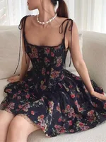 2023 Sexy Women Black Flower Print Spliced Mesh Bra Corset style Mini Dress Slim Waist Party Skater Bow Lacing up Sling Robe - Image 2