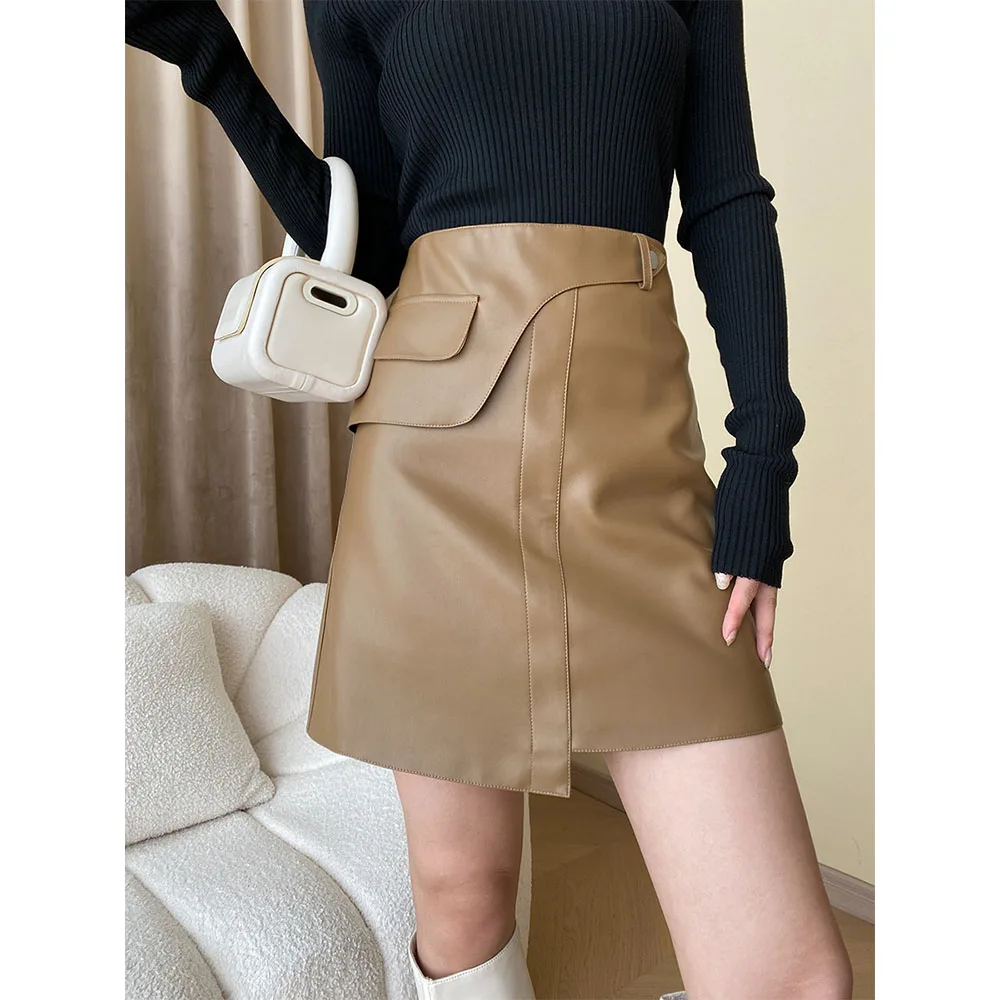 

Textured Pu Skirt For Women Solid High Waist A-Line Designer Belt Summer Clothes Female Casual Versatile Irregular Leather Skirt