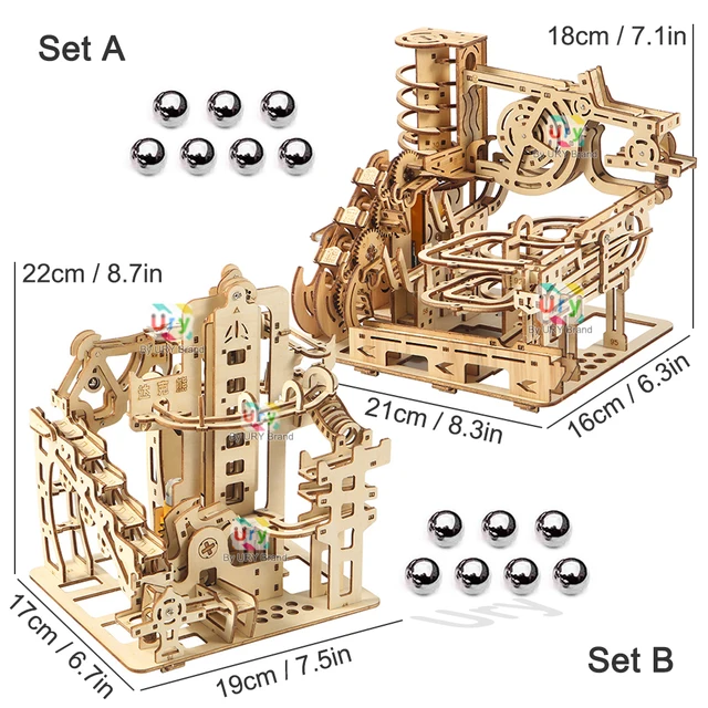 Ury 3D Wooden Puzzles Electric Catapult Track Device Marble Run Set Mechanical Model Science Maze 7 Balls Assembly Gift for Kids 2