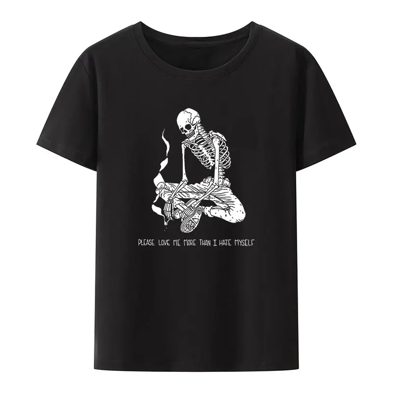 Футболка с принтом «Пожалуйста, люблю меня больше, чем я себя не люблю», модные хипстерские футболки со скелетом и забавным принтом, Необычные повседневные футболки