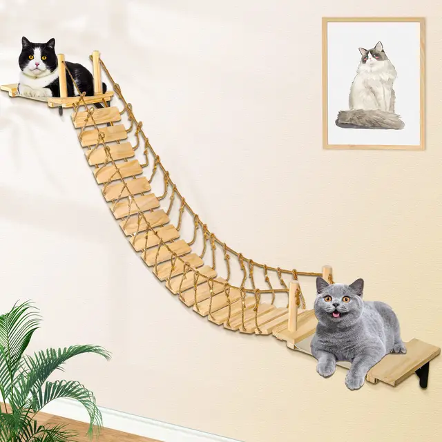 1m Wall-mounted Wooden Cat Bridge with Rope Netting Comfortable & Sturdy Climbing Space for Cats Ideal for Indoor Cat Furniture 3