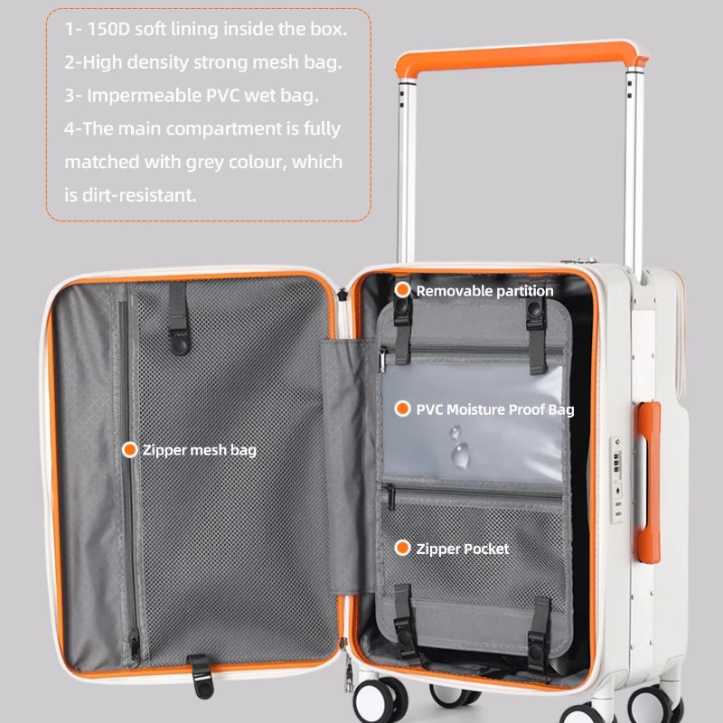 남성 여성 트롤리 케이스, 롤링 수하물, 음소거 휠, 컵 거치대, USB 충전 포트, 암호 잠금 가방