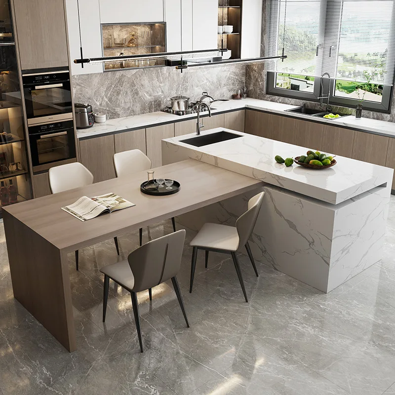 Kitchen Island Table, Dining Table, Retractable and Movable, Rotating Rock Plate Suitable for Bar Kitchens