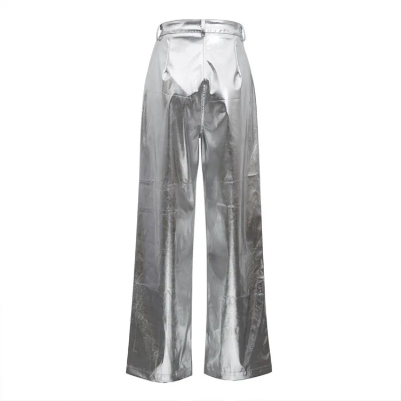 Pantalones de PU plateados para mujer, moda 2025, cintura alta, sueltos, pierna ancha, ropa de fiesta para chicas, ropa de calle, pantalones largos para mujer, otoño