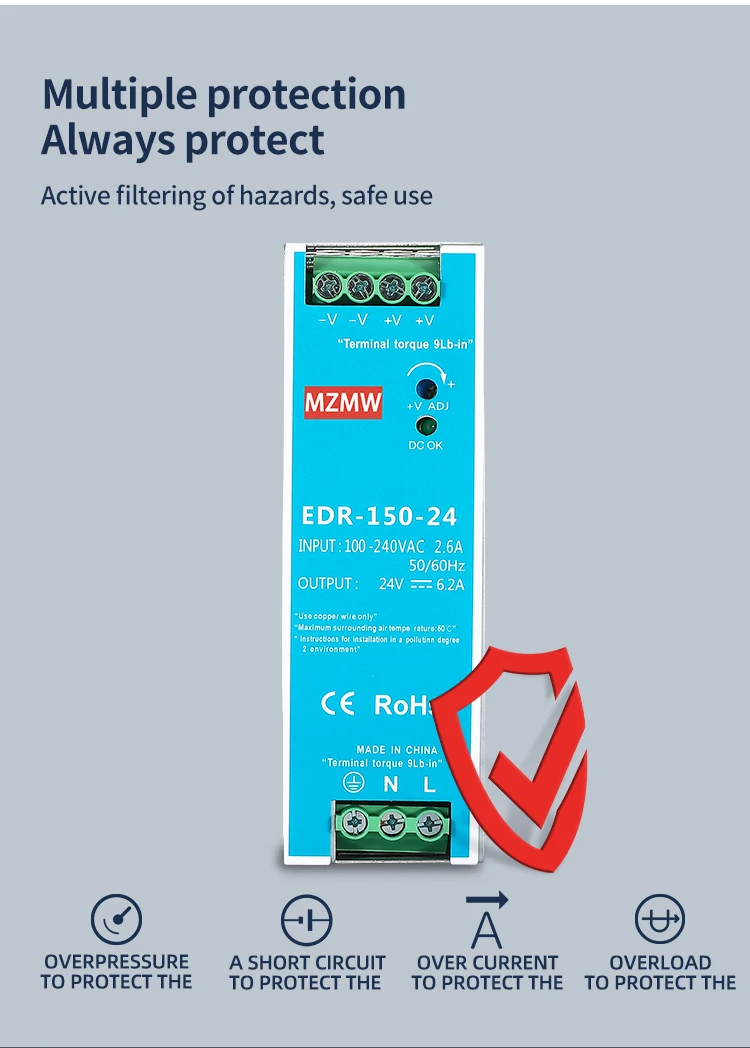 MZMW EDR150 NDR-150 Industrial DIN Rail Switching Power Supply 150W 12V 24V 48V AC/DC EDR-150-24 Single Output Mini Source Power 5 S71a64db60ef04878a2fa501666466a644