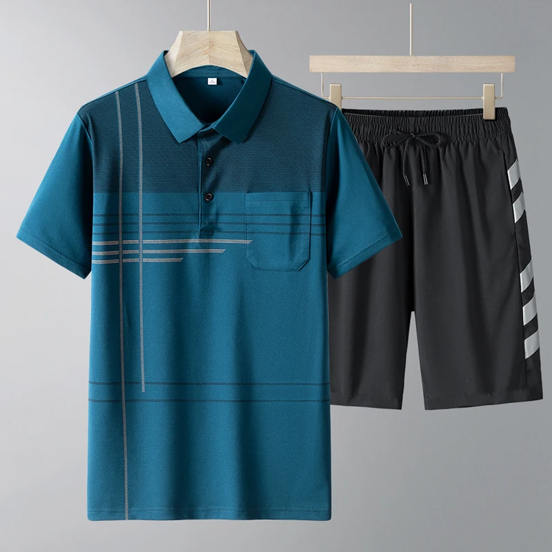 Fashion Lapel All-match Printed Short Sleeve Striped Men's Sets 2024 Summer New Loose Elastic Lace Up High Waist Shorts Sets
