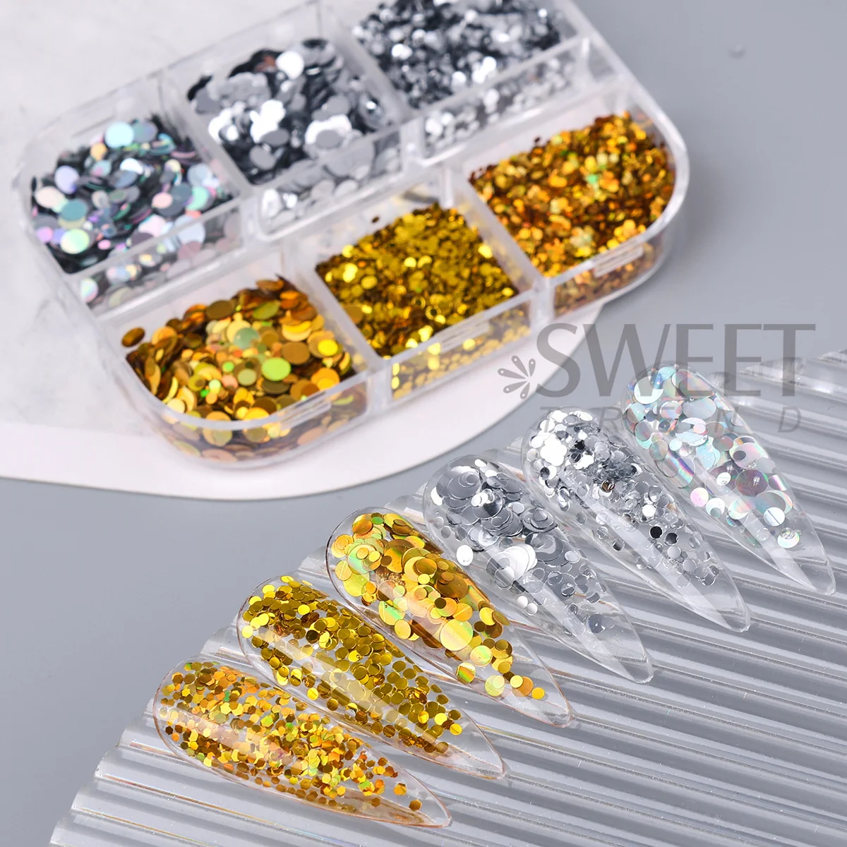 6 Grids Gold Silver Round Circle Nails Sequins Laser Mirror Sparkly Polka Dot Glitter Flakes Y2K Luxury New Year Manicure Decor