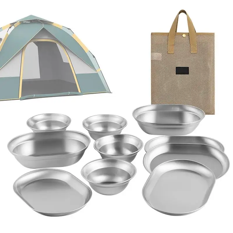 

Stainless Steel Plate Set Camping Dinnerware Set With Bowls Rust-Proof Camping Serving Plates Feeding Serving Camping Plates For