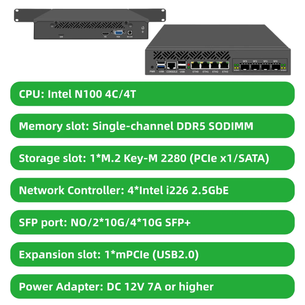 Intel N100 데스크탑 랙마운트 네트워크 장치(4xRJ45 2.5GbE 4x10Gb SFP+ 8GB RAM 128GB SSD  BKHD-OTS-1264N4L-4S 방화벽용)