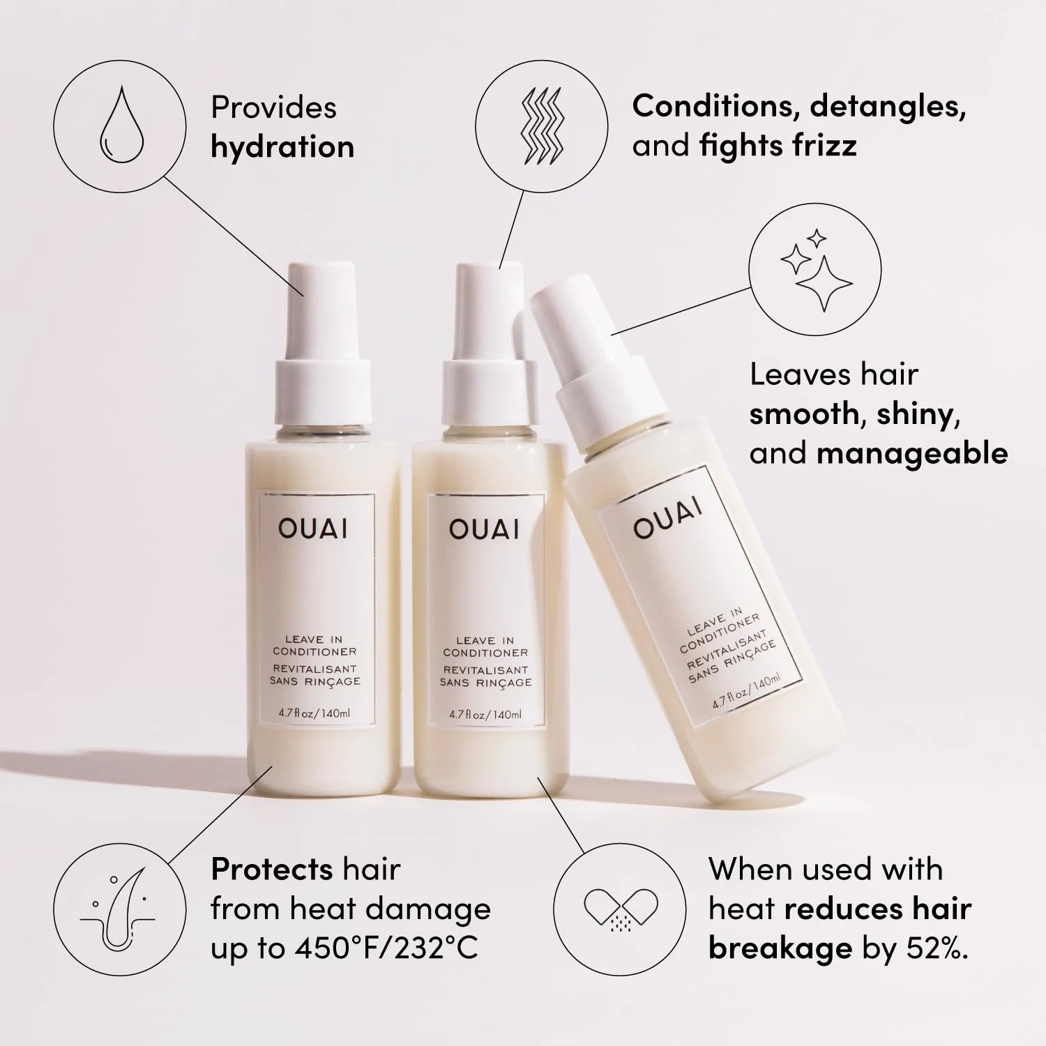 OUAI Smoothing Leave-In Conditioner Spray Mist Moisturize Oil Control Add Shine Hair Care 140ml