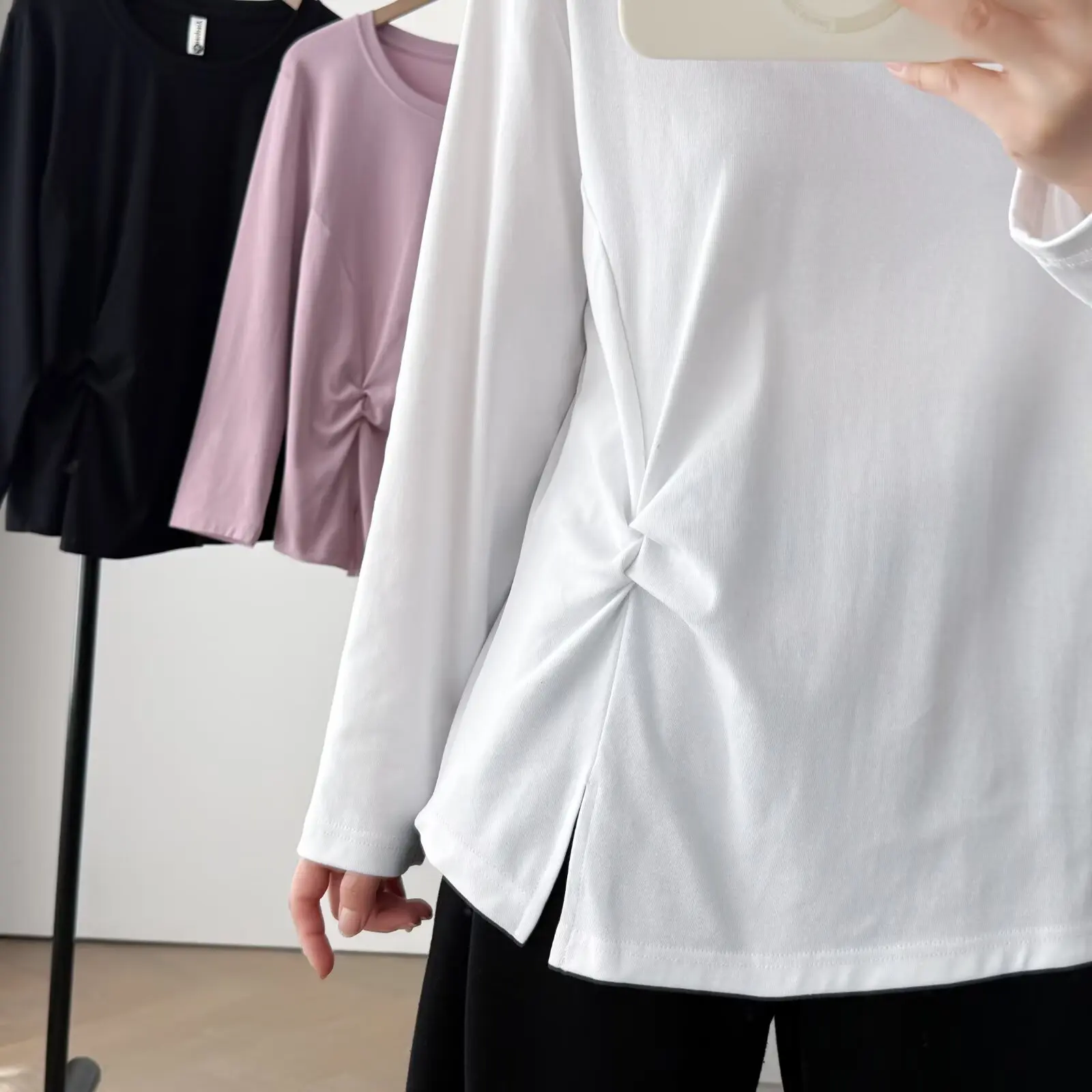 Fashion Plus Size Women's T-Shirt New Autumn Style Fold Waist And Slit Solid Color Long Sleeve O-Neck Tops 2522