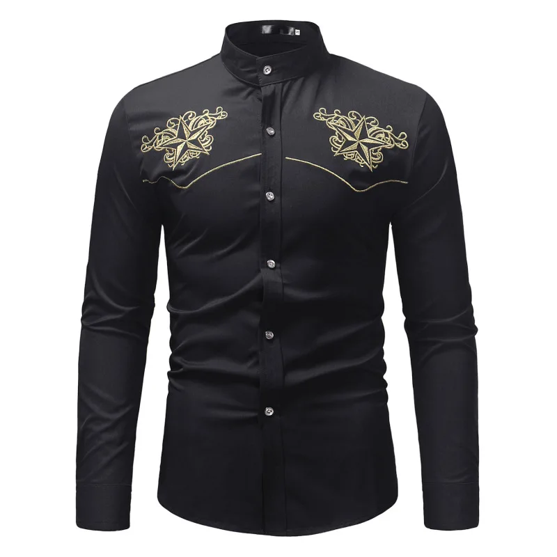 

2023 Autumn and Winter Foreign Trade Men's Casual Palace Style Large Size Embroidered Long Sleeve Standing Collar Men's Shirt