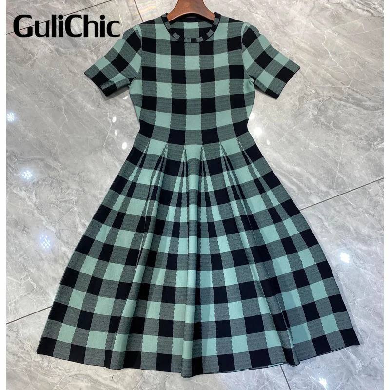 

8.27 GuliChic Women Temperament Knitted Dress Contrast Color Plaid High Waist Slim Folds Dress