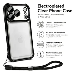 Luxury Transparent Shockproof Phone Case with Wrist Strap & Lens Protector Cover for iPhone 15 Plus (Black)