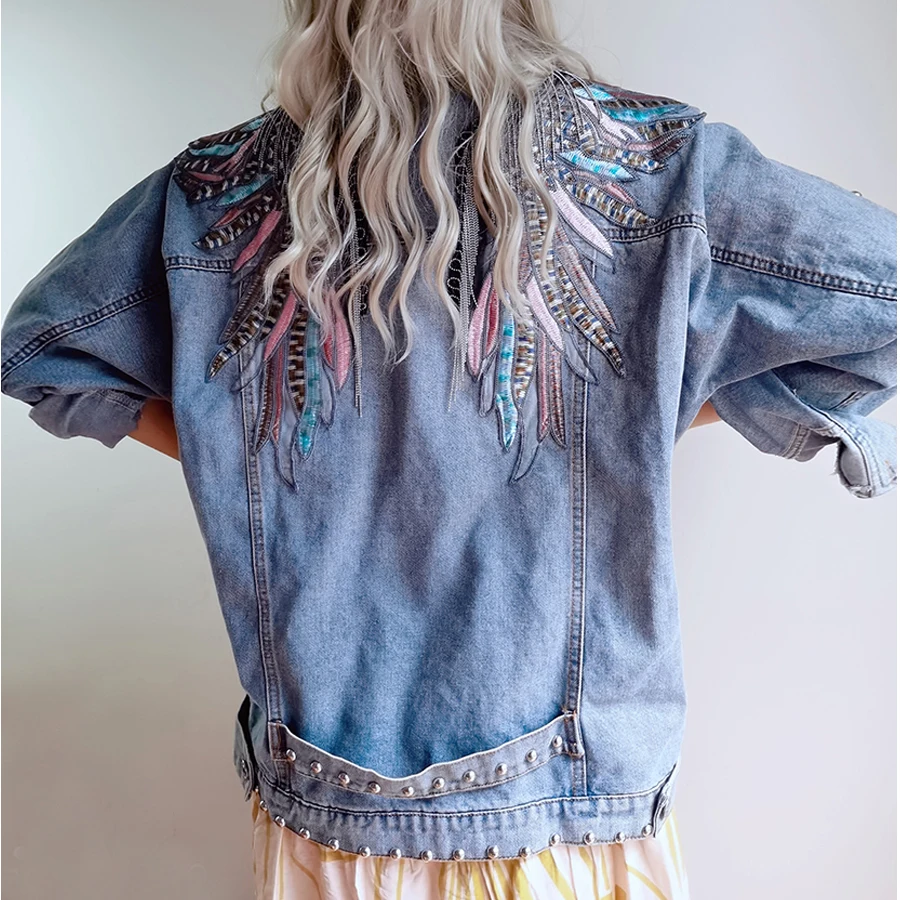 

TEELYNN Long Sleeve Denim Jacket Women Coat 2022 Vintage Wings Applique Embroidery Rivet Cotton Autumn Boho Tassel Jeans OutWear