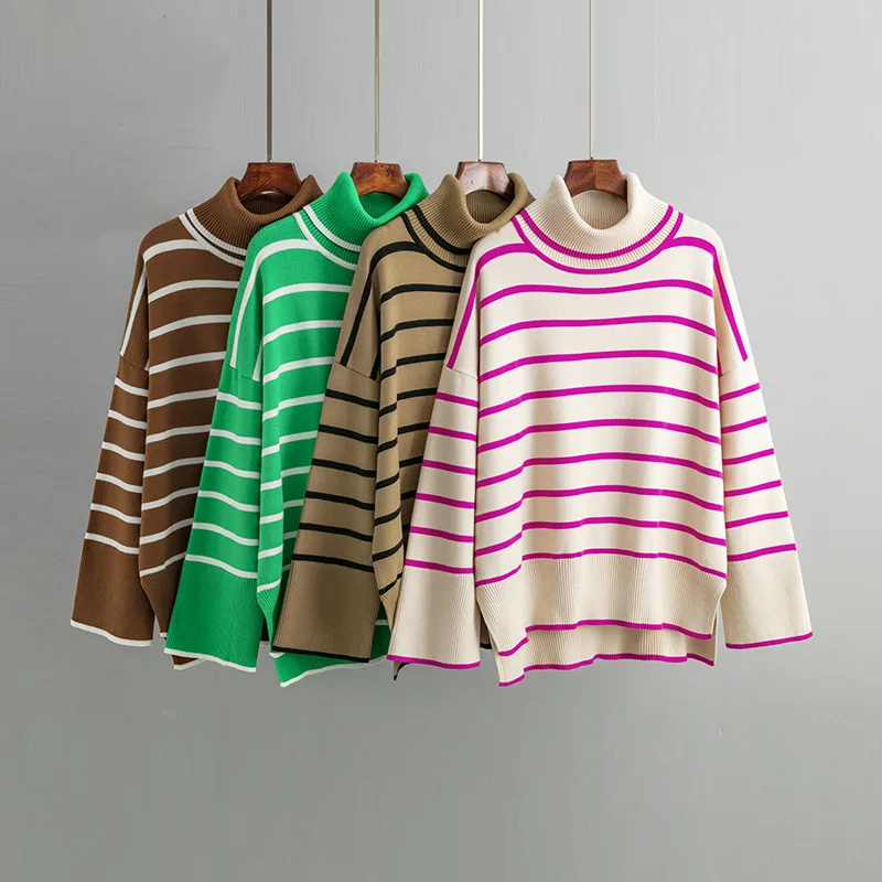 

Turtleneck Sweater Women Autumn Winter Thick Warm Striped Loose Oversized Long Sleeve Pullover Jumper Female Sweater Top Outwear